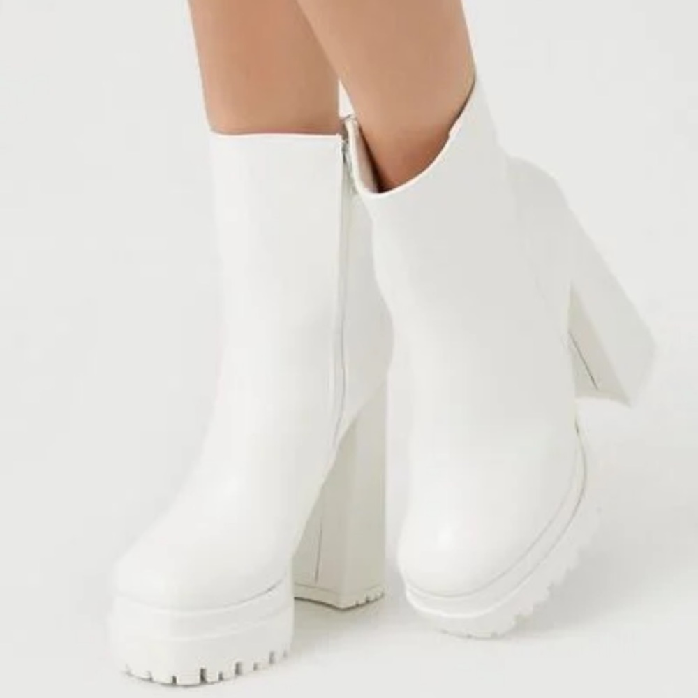 White Faux Leather Lug Sole Booties Forever 21 Heeled